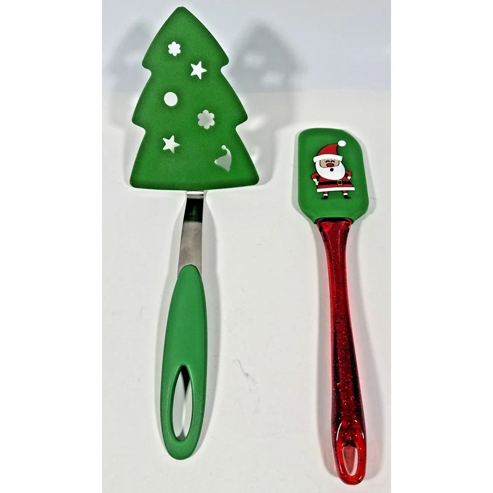 Unbranded Christmas Spatula and Pie Server Set OS Green Santa Tree Glitter